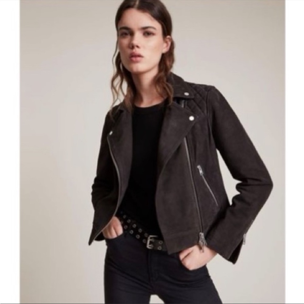 $499⬇️ALL SAINTS Caden suede Leather Jacket faux fur trim - Picture 2 of 7
